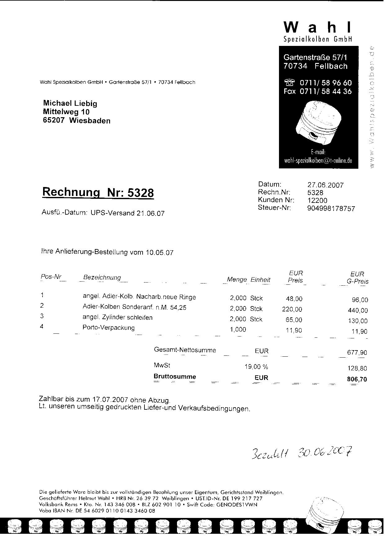 Wahl invoice